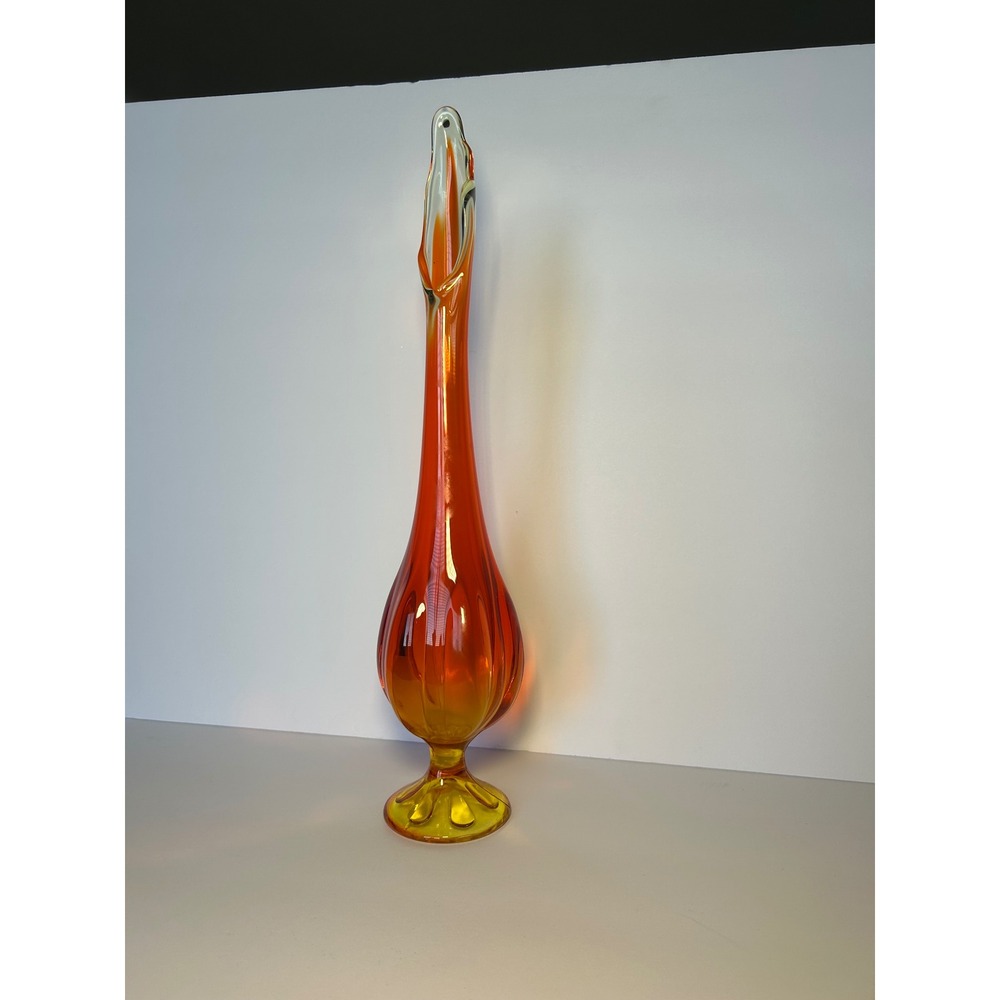 Viking Glass Swung Vase‎ Persimmon Orange Yellow 6 Petal Footed MCM 16.5 Inch